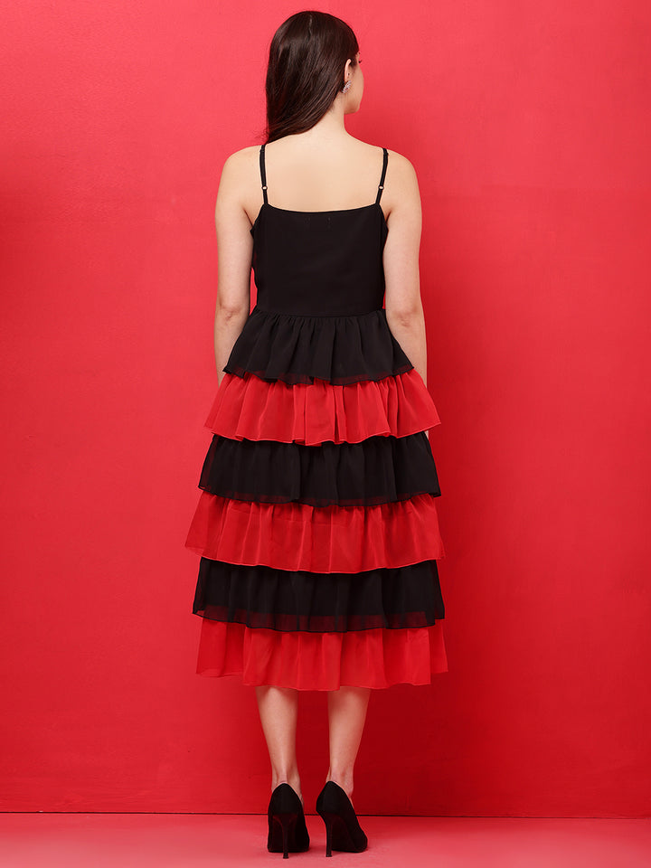 Tushita Sensational Red contrast tiered Midi-length Party dress