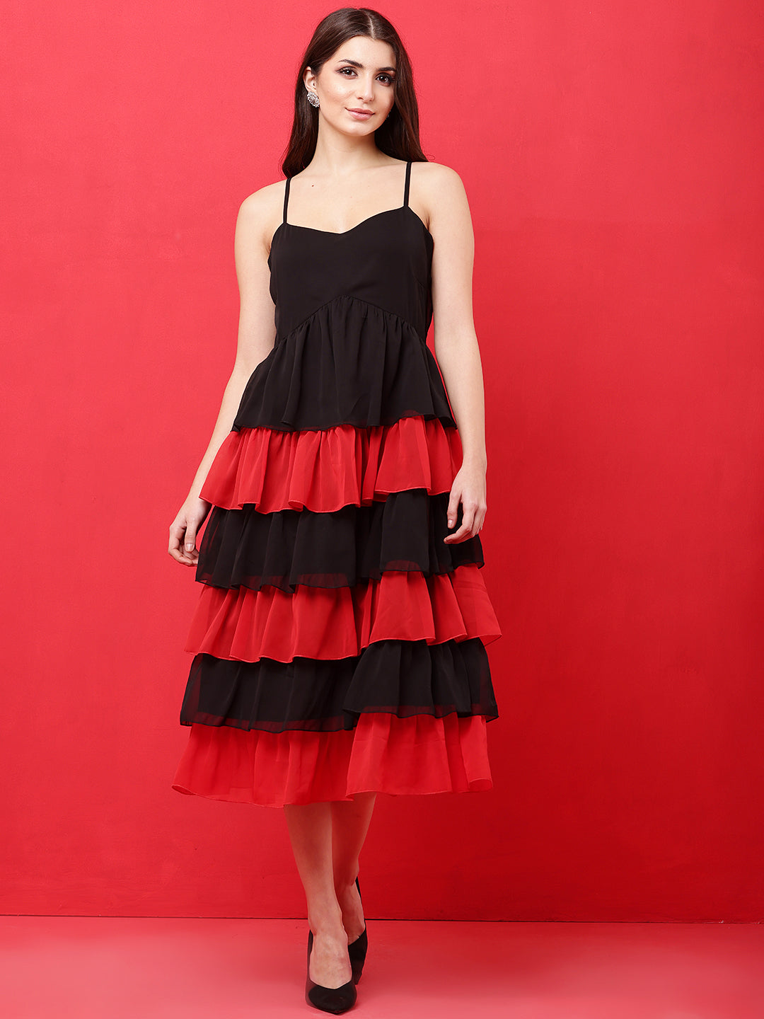 Tushita Sensational Red contrast tiered Midi-length Party dress