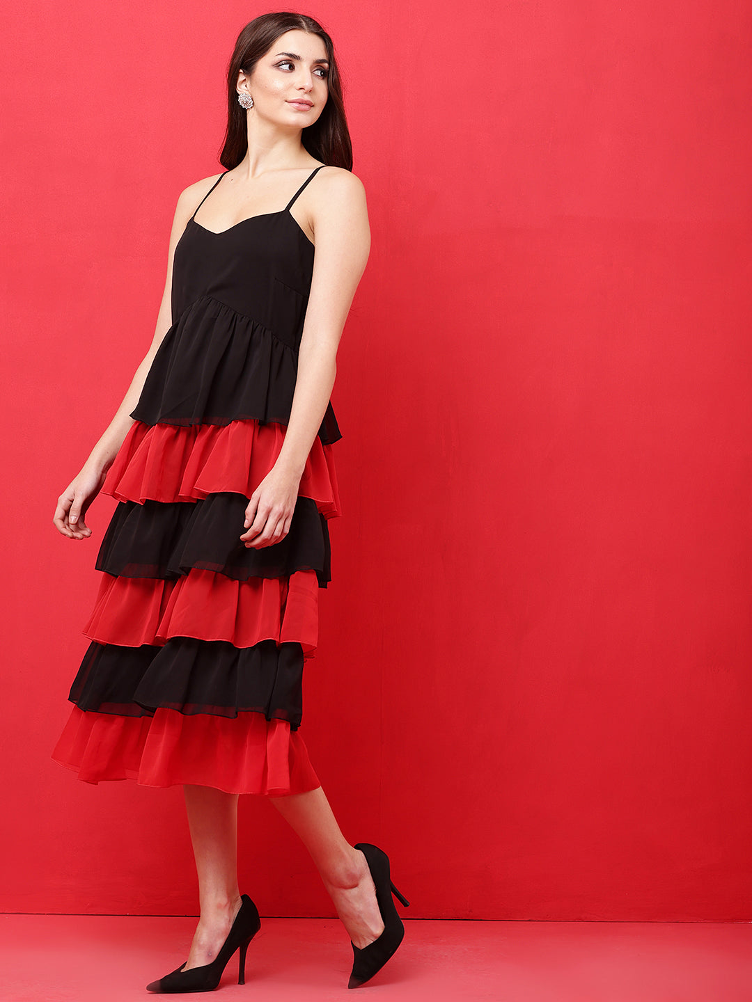 Tushita Sensational Red contrast tiered Midi-length Party dress