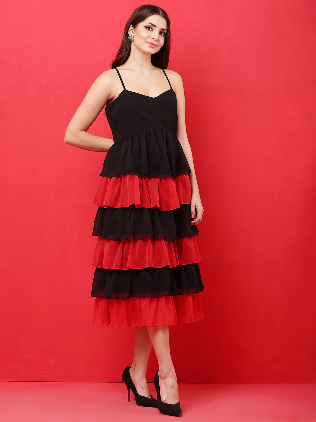 Tushita Sensational Red contrast tiered Midi-length Party dress