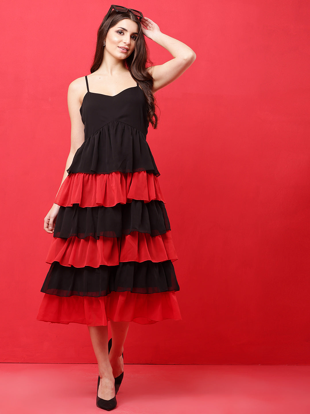 Tushita Sensational Red contrast tiered Midi-length Party dress