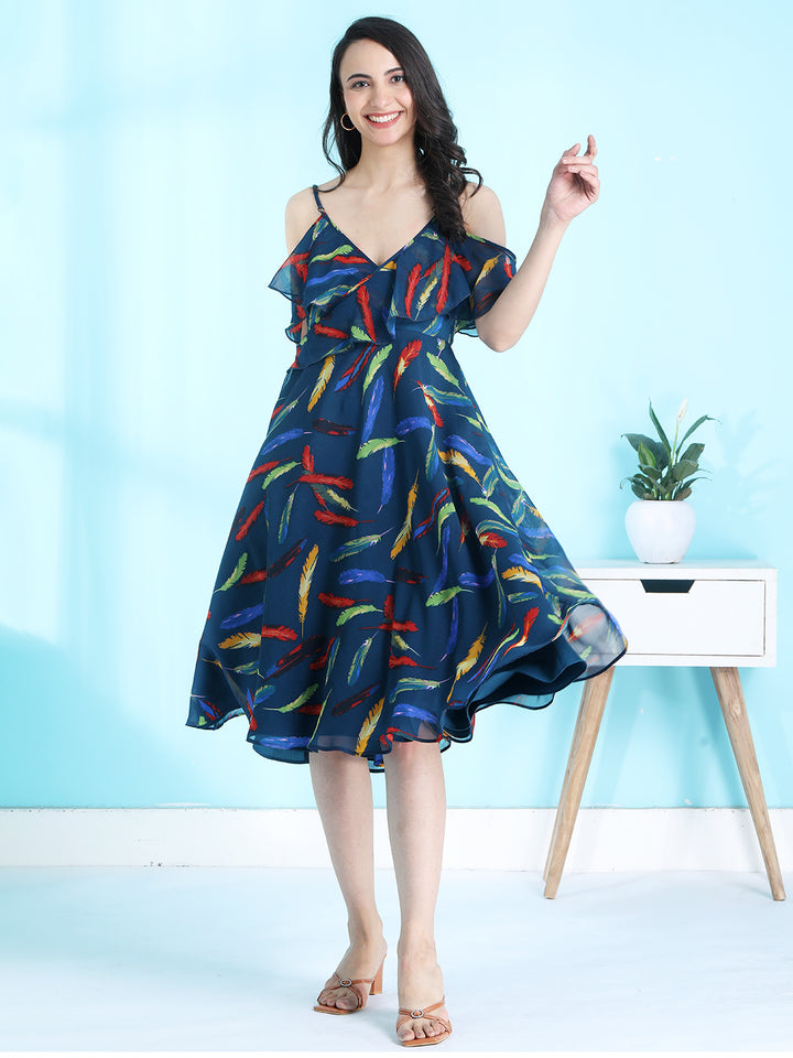 Ruffle Cold Shoulder Printed Midi Dress