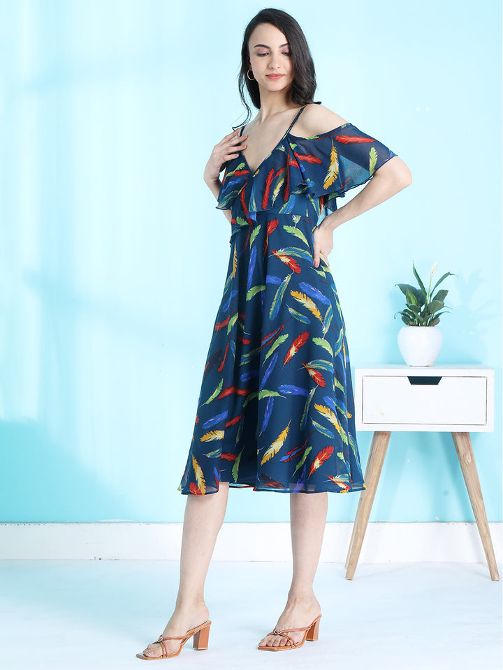 Ruffle Cold Shoulder Printed Midi Dress