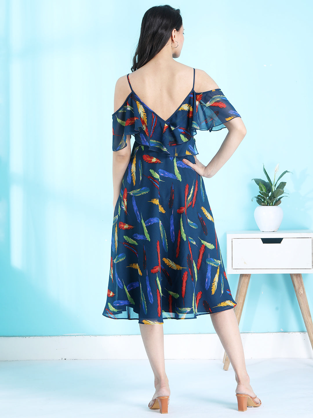 Ruffle Cold Shoulder Printed Midi Dress