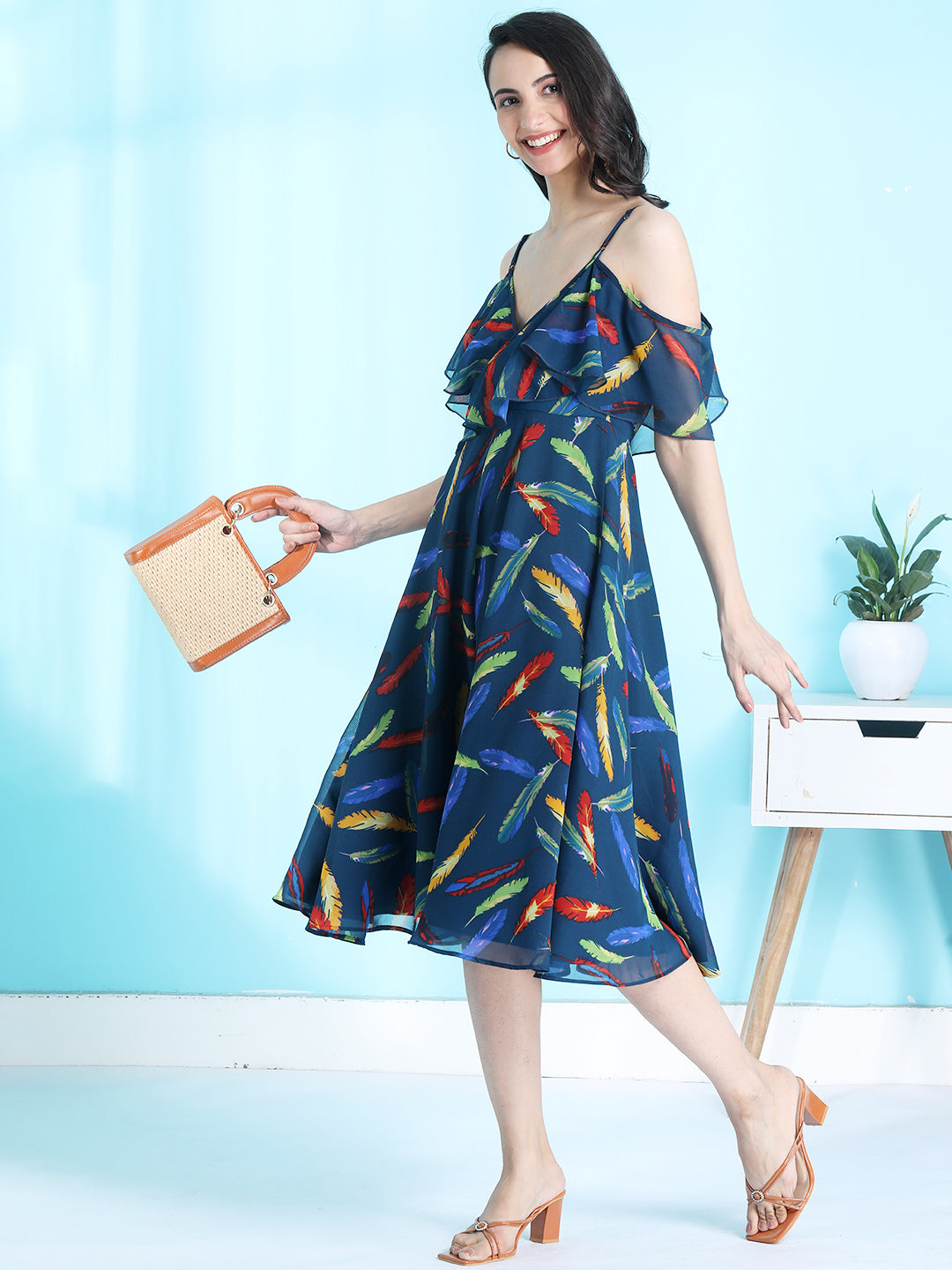 Ruffle Cold Shoulder Printed Midi Dress