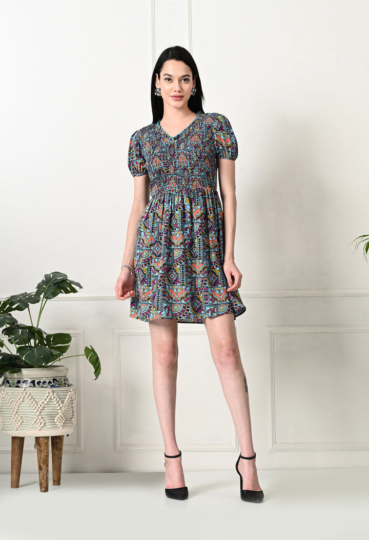 Tushita Bohemian floral print summer casual smocked dress