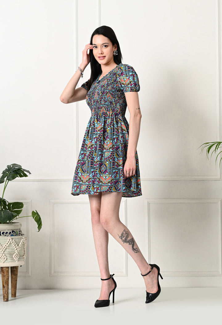 Tushita Bohemian floral print summer casual smocked dress