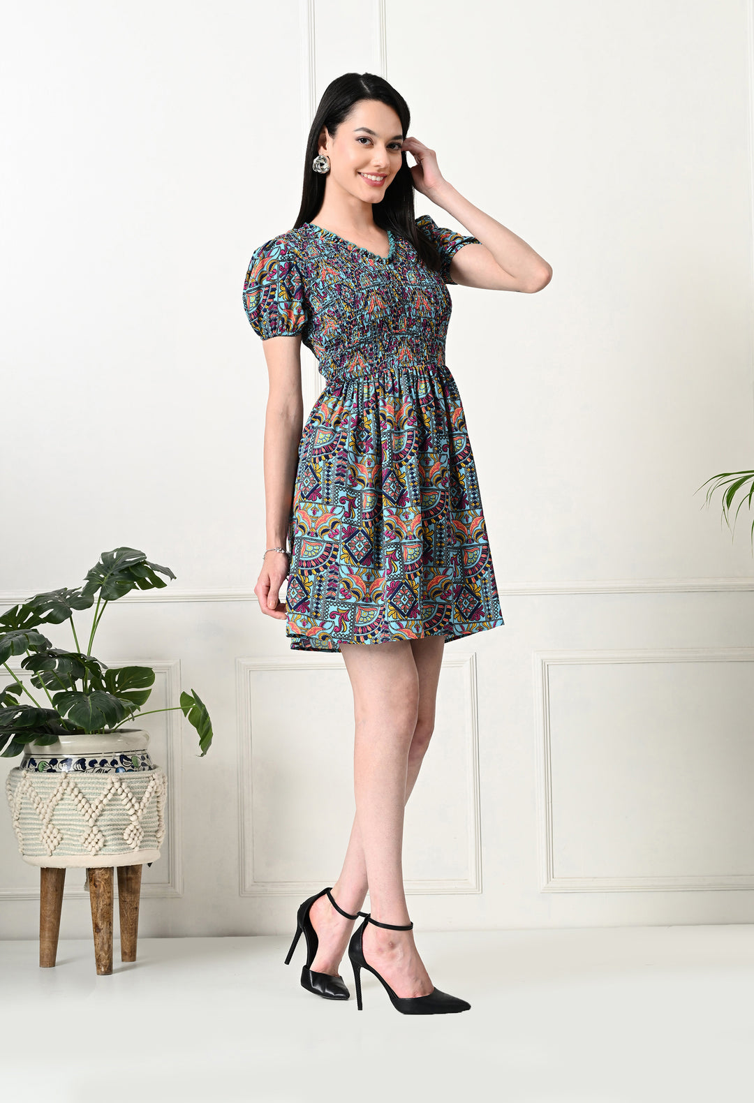 Tushita Bohemian floral print summer casual smocked dress