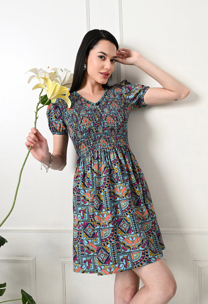 Tushita Bohemian floral print summer casual smocked dress