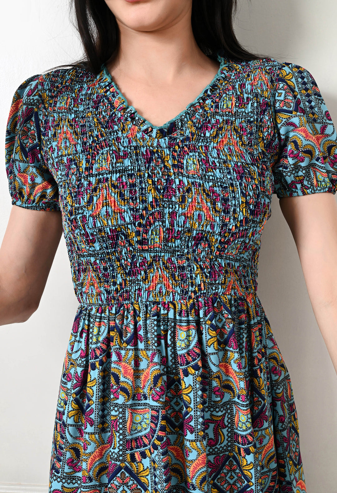 Tushita Bohemian floral print summer casual smocked dress