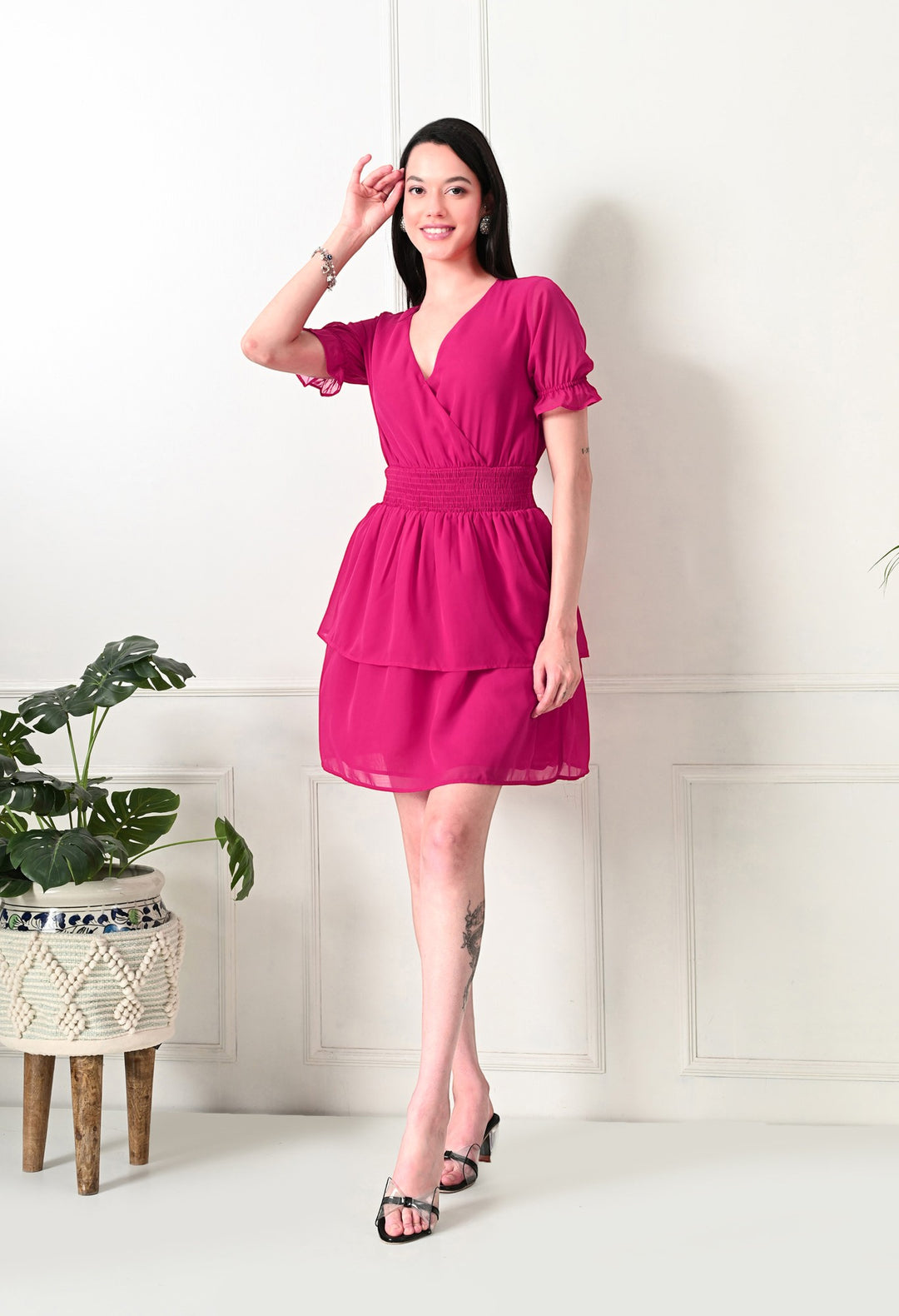 Tushita V-neck romantic summer casual smocked dress