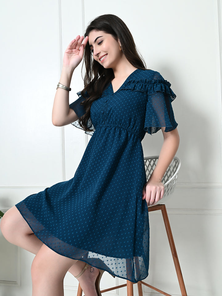 Tushita textured ruffle detail knee length Summer Casual dress