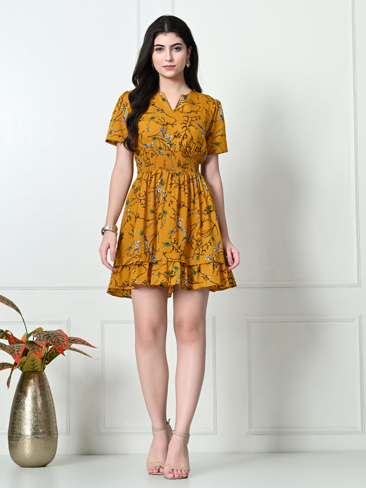 Tushita Mustard Botanical floral print Smocked Summer Casual Dress