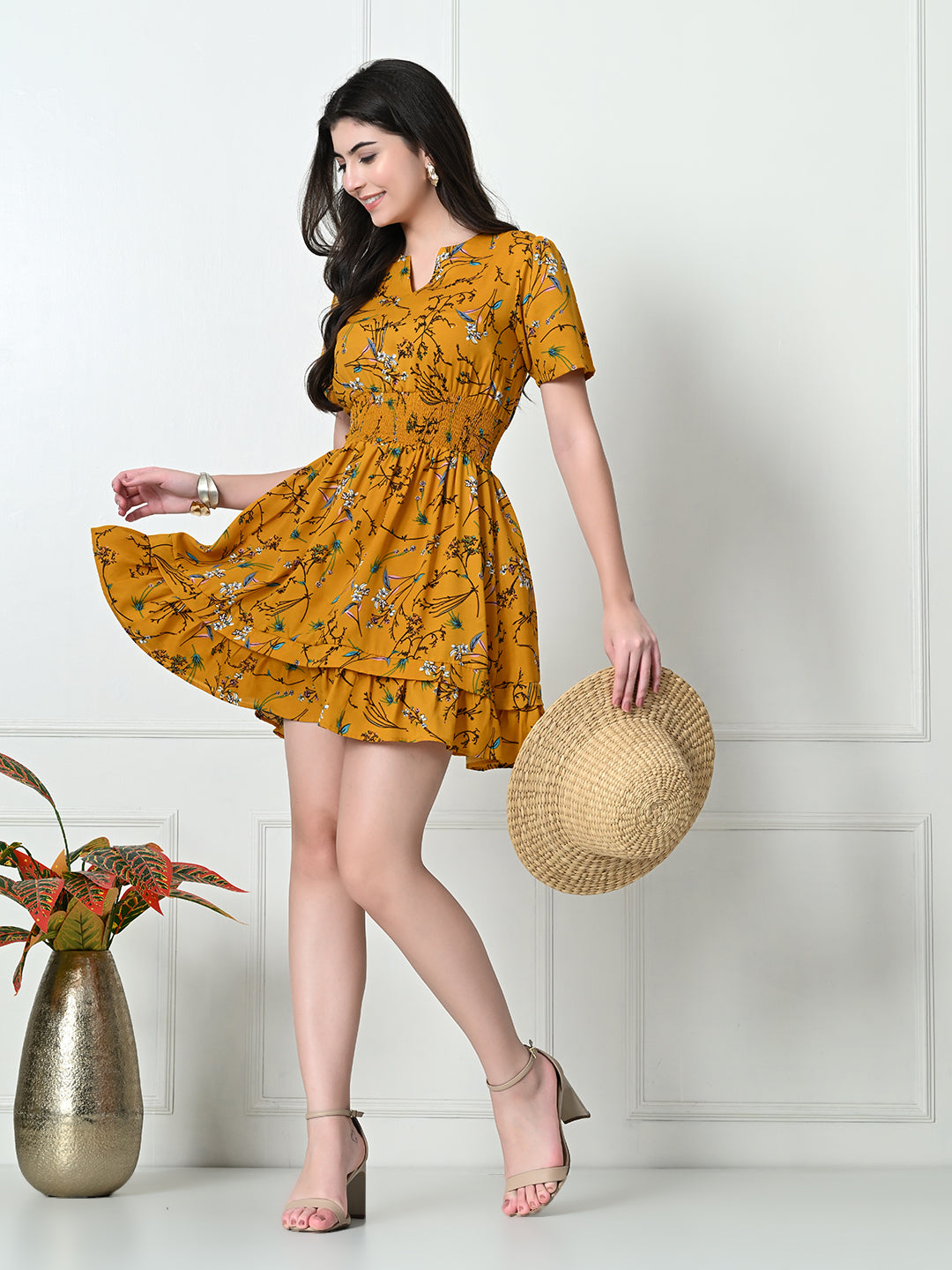 Tushita Mustard Botanical floral print Smocked Summer Casual Dress