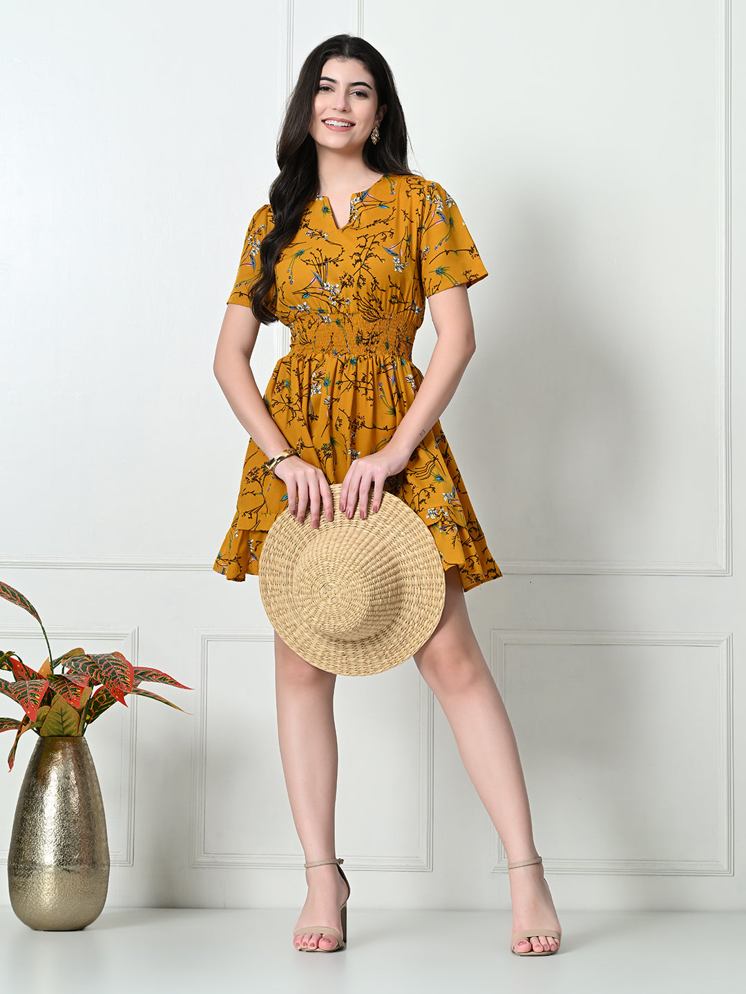 Tushita Mustard Botanical floral print Smocked Summer Casual Dress