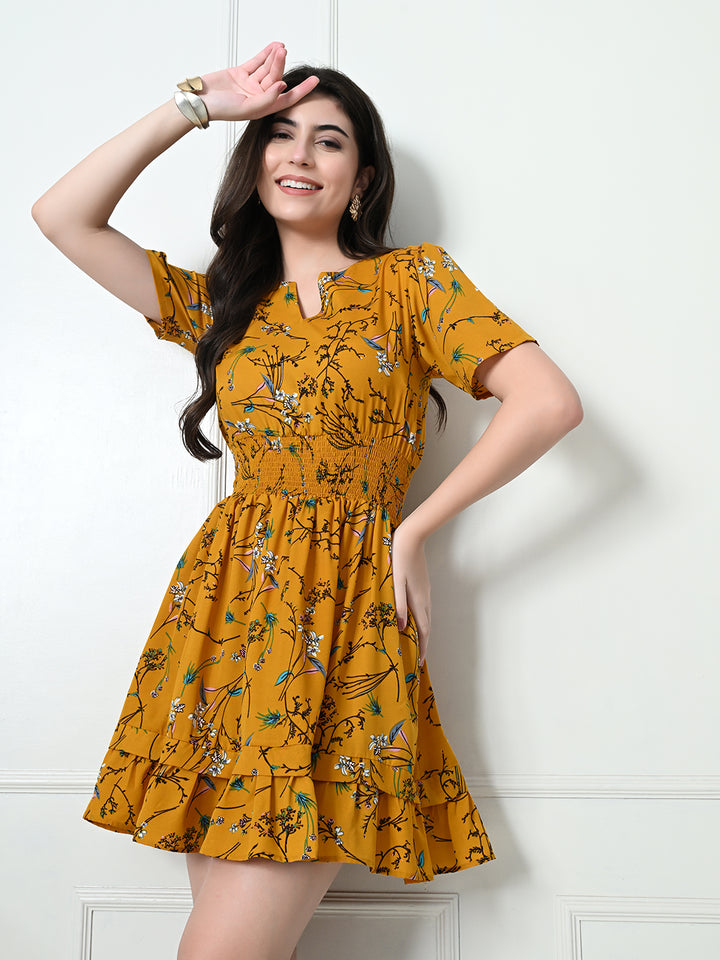 Tushita Mustard Botanical floral print Smocked Summer Casual Dress