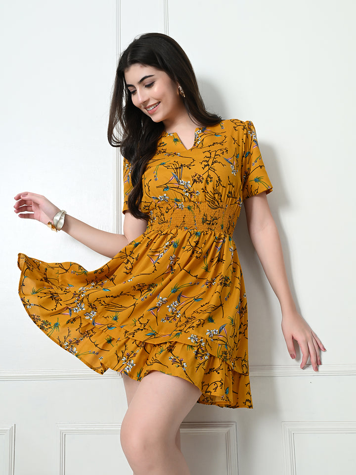 Tushita Mustard Botanical floral print Smocked Summer Casual Dress