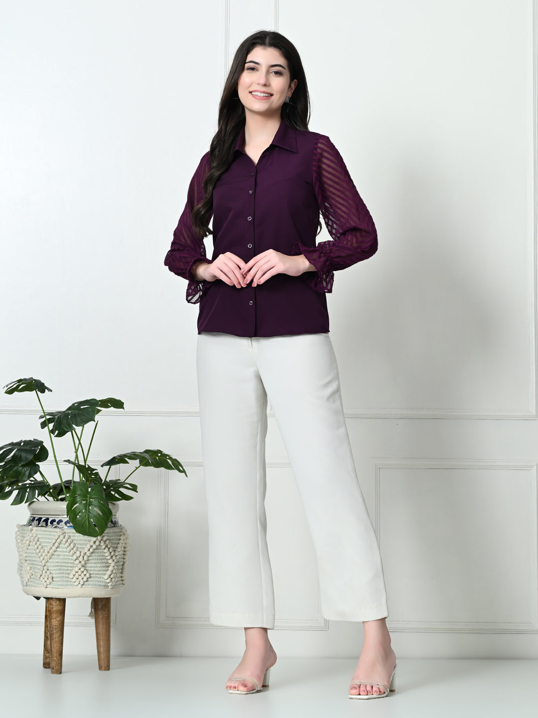 Tushita Jacquard Sleeve Buttoned up Shirt for Casual Summer