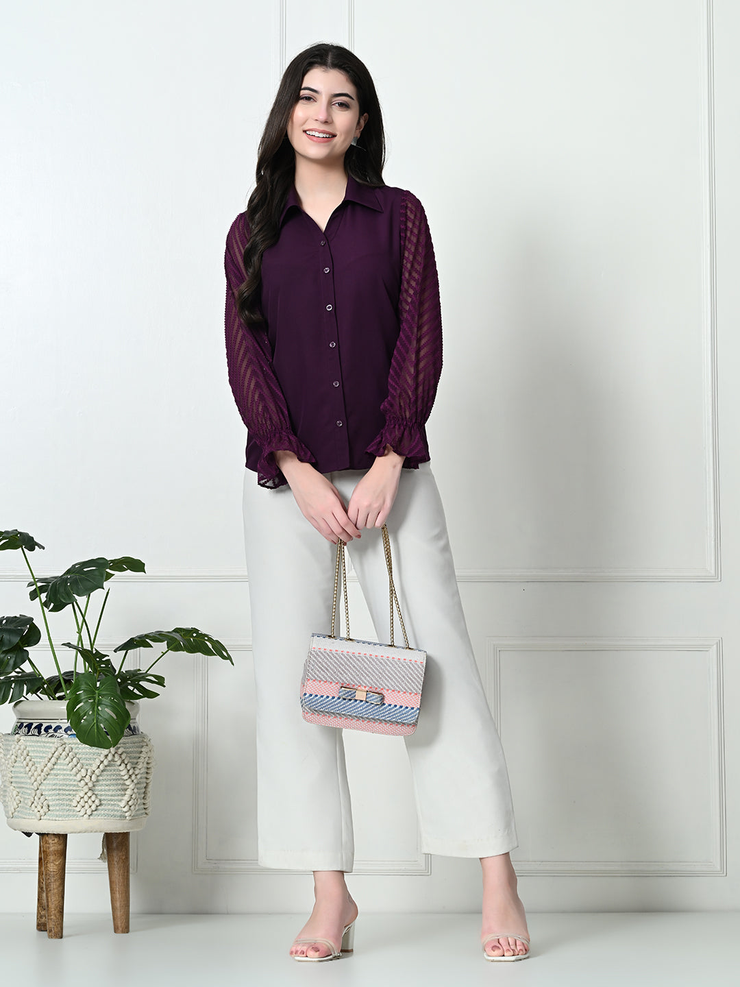 Tushita Jacquard Sleeve Buttoned up Shirt for Casual Summer