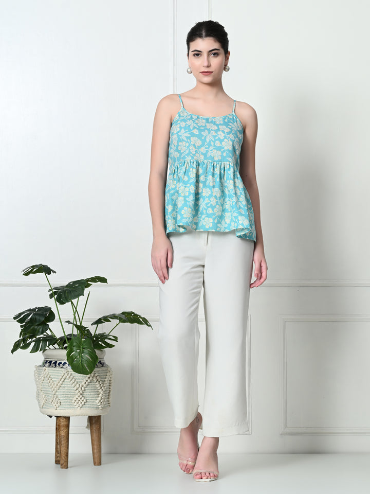 TUSHITA TURQUOISE FLORAL PRINTED CASUAL TOP FOR SUMMER