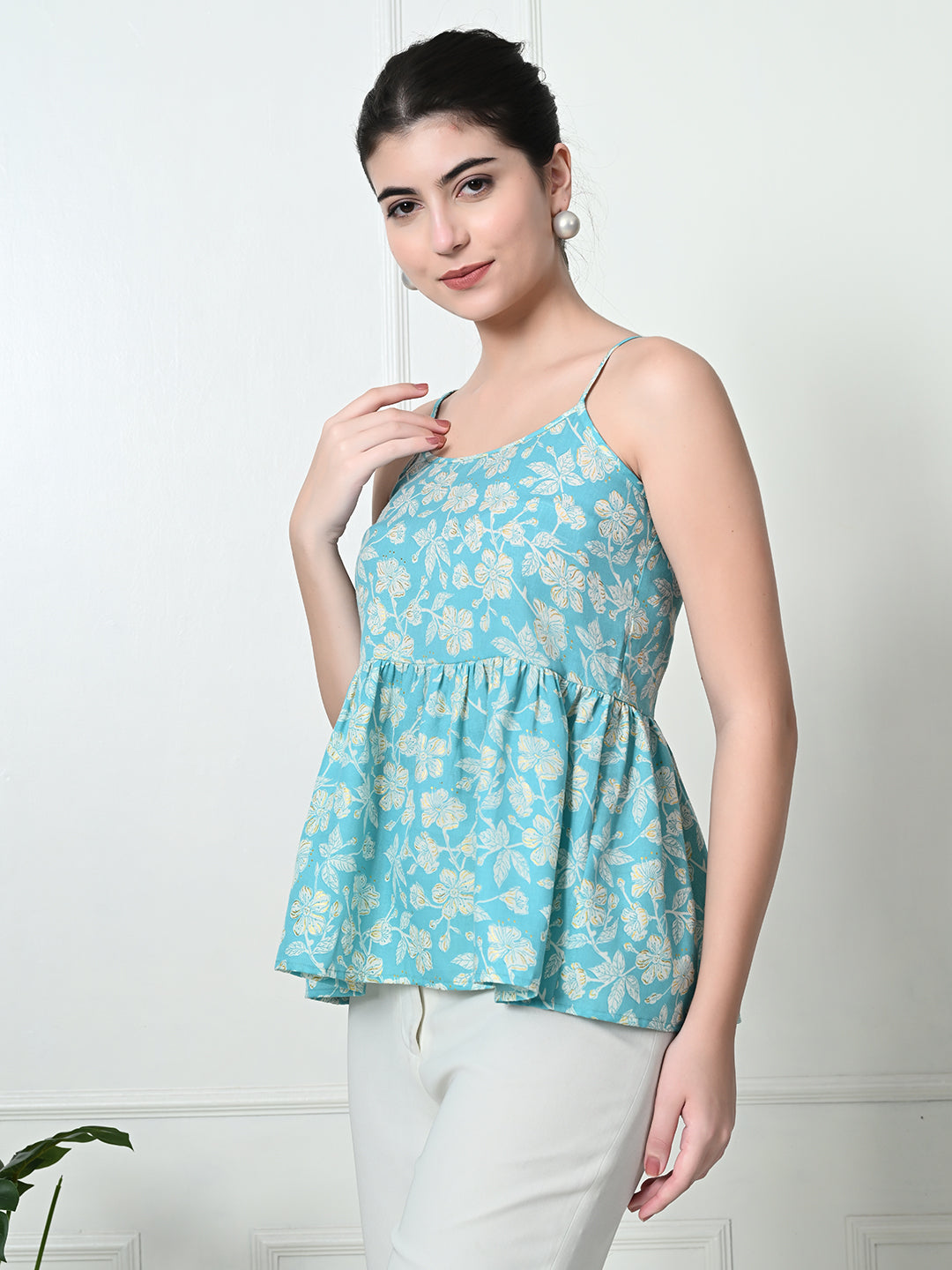 TUSHITA TURQUOISE FLORAL PRINTED CASUAL TOP FOR SUMMER