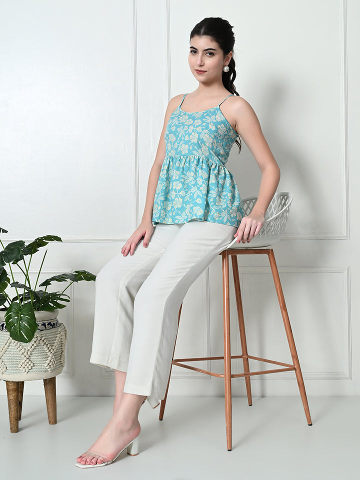 TUSHITA TURQUOISE FLORAL PRINTED CASUAL TOP FOR SUMMER