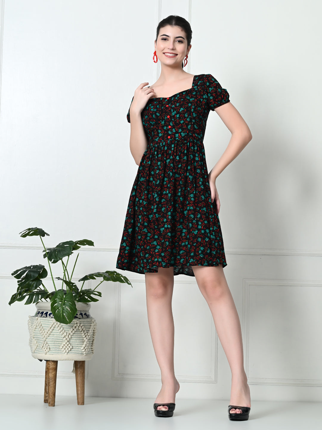 Tushita Floral Printed Sweetheart neck Gathered Summer Casual Dress