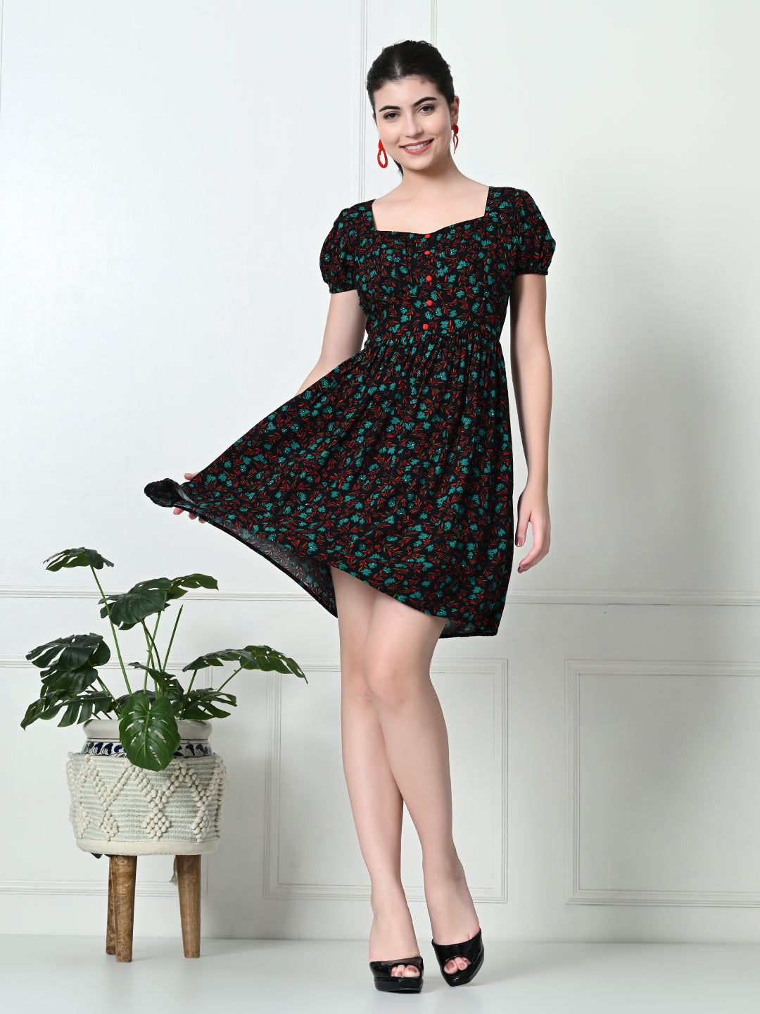 Tushita Floral Printed Sweetheart neck Gathered Summer Casual Dress