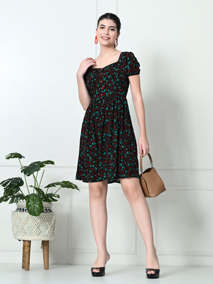 Tushita Floral Printed Sweetheart neck Gathered Summer Casual Dress